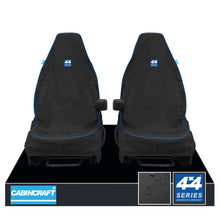 Load image into Gallery viewer, Land Rover Freelander, All Derivatives &amp; Model Years Front Pair 1+1 Black Waterproof Seat Covers With Logos &amp; Matching Leatherette Piping
