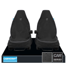 Load image into Gallery viewer, Vauxhall Astra, All Model Years Front Pair 1+1 Black Waterproof Seat Covers With Logos &amp; Matching Leatherette Piping
