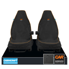 Load image into Gallery viewer, Vauxhall Astra, All Model Years Front Pair 1+1 Black Waterproof Seat Covers With Logos &amp; Matching Leatherette Piping
