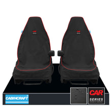 Load image into Gallery viewer, Vauxhall Astra, All Model Years Front Pair 1+1 Black Waterproof Seat Covers With Logos &amp; Matching Leatherette Piping

