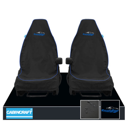Audi A1, All Model Years & Derivatives Front Pair 1+1 Black Waterproof Seat Covers With Racers Edge Logos & Matching Leatherette Piping