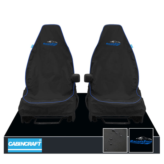 Audi A1, All Model Years & Derivatives Front Pair 1+1 Black Waterproof Seat Covers With Racers Edge Logos & Matching Leatherette Piping