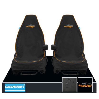 Audi A1, All Model Years & Derivatives Front Pair 1+1 Black Waterproof Seat Covers With Racers Edge Logos & Matching Leatherette Piping