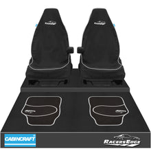 Load image into Gallery viewer, Racers Edge Front Pair 1+1 Black Waterproof Seat Covers With Logos &amp; Leatherette Piping &amp; Matching Floor Mats (Set Of 4) For All Car Models &amp; Derivatives
