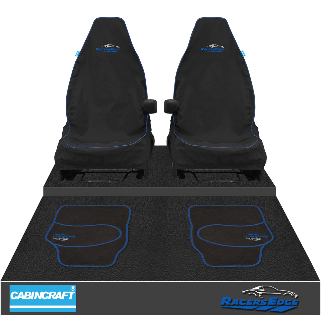 Mini Cooper, All Model Years & Derivatives Front Pair 1+1 Black Waterproof Seat Covers With Leatherette Piping & Matching Floor Mats (4pcs)