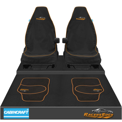 Audi A1, All Model Years & Derivatives Front Pair 1+1 Black Waterproof Seat Covers With Leatherette Piping & Matching Floor Mats (4pcs)