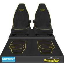 Load image into Gallery viewer, Mini Cooper, All Model Years &amp; Derivatives Front Pair 1+1 Black Waterproof Seat Covers With Leatherette Piping &amp; Matching Floor Mats (4pcs)
