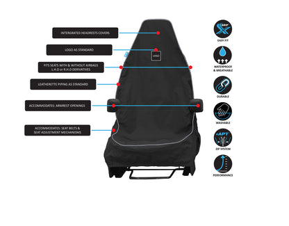 Audi A3, All Model Years Front Pair 1+1 Black Waterproof Seat Covers With Logos & Matching Leatherette Piping